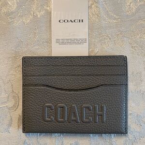 Coach Black Pebbled Leather Embossed Logo Card Holder NWT